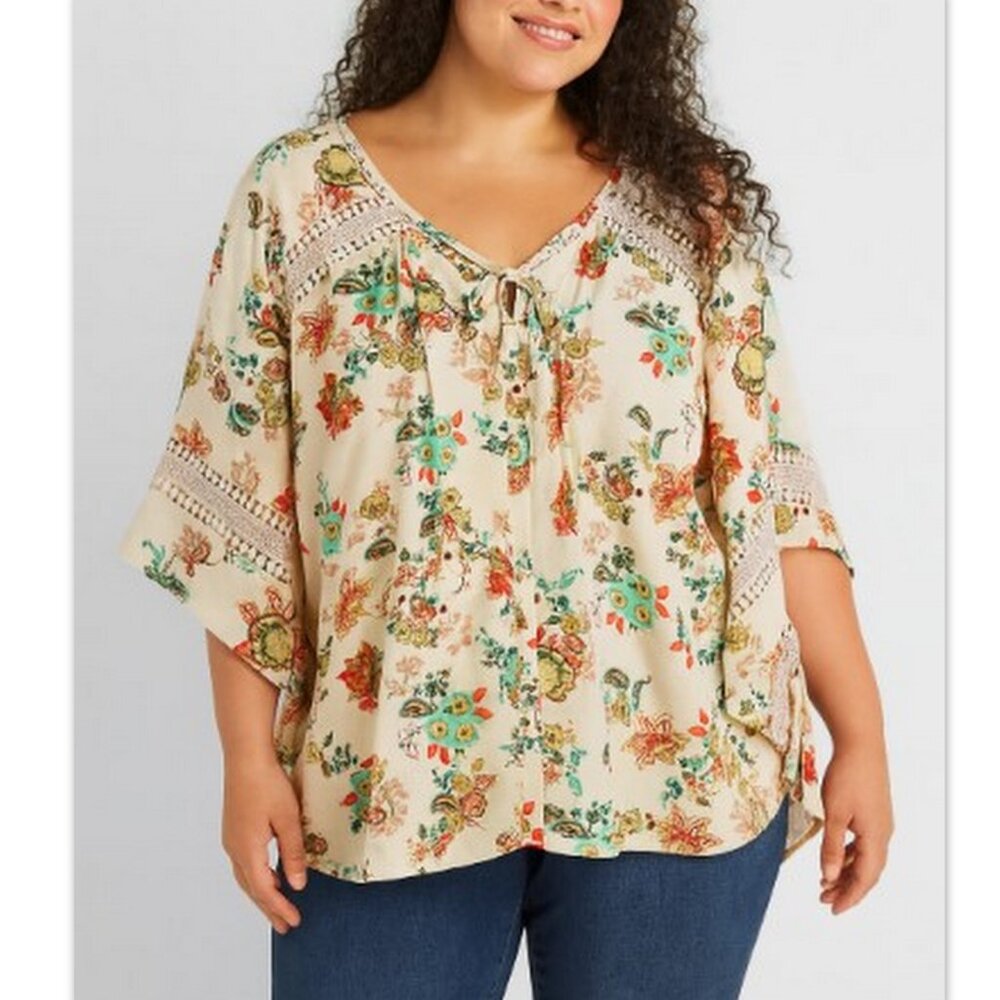Zac & Rachel Woman Floral Lace Trim Top 2X Boho Cottagecore Romantic Feminine